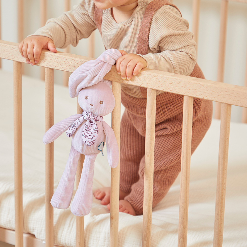 Bebê com coelhinho Lapinoo lilás no berço