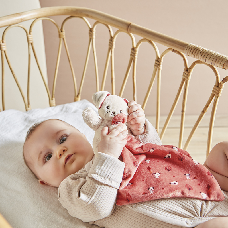 Bebê no berço com naninha ursinho Carré Douceur rosa